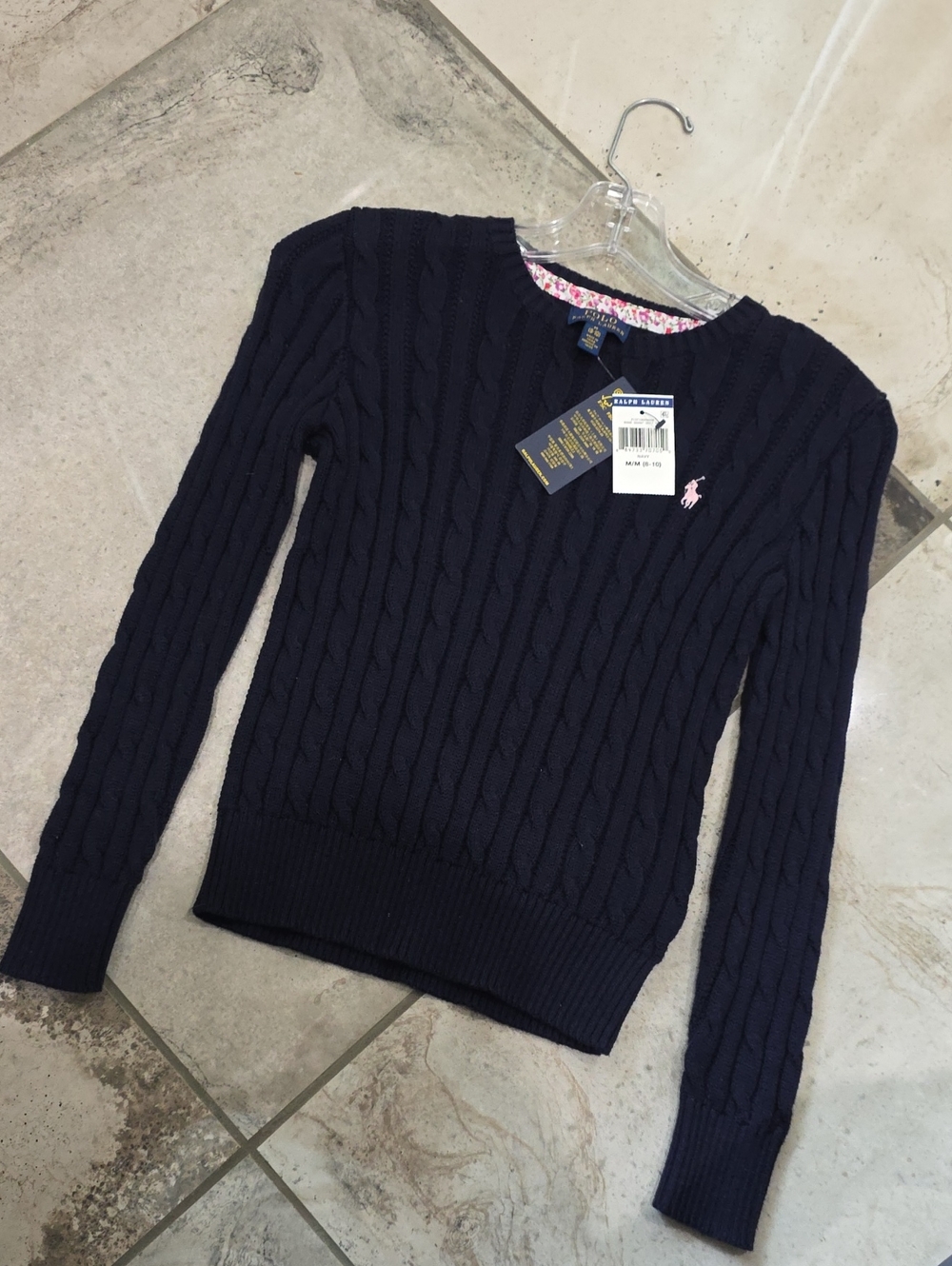 NWT Polo Ralph Lauren Navy Cable-Knit Crewneck Sweater Pink Pony Girls M 8-10